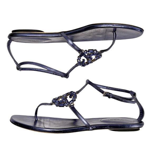 Gucci Crystal GG T-Strap Flat Sandals EU 37 US 7 Blue Metallic Interlocking G - Picture 5 of 9